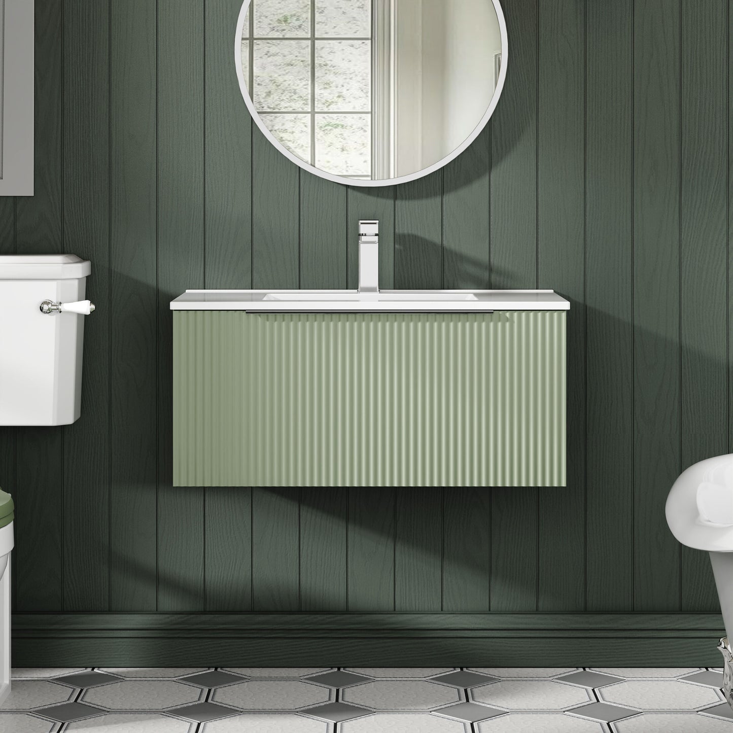 Hudson Reed Fluted 800mm Wall Hung Satin Green Single Drawer Vanity Unit With Basin