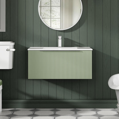 Hudson Reed Fluted 800mm Wall Hung Satin Green Single Drawer Vanity Unit With Basin