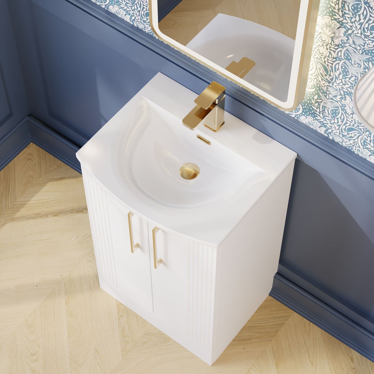 Nuie 500mm Satin White Fluted Floor Standing 2-Door Vanity Unit With Curved Basin & Chrome Handles