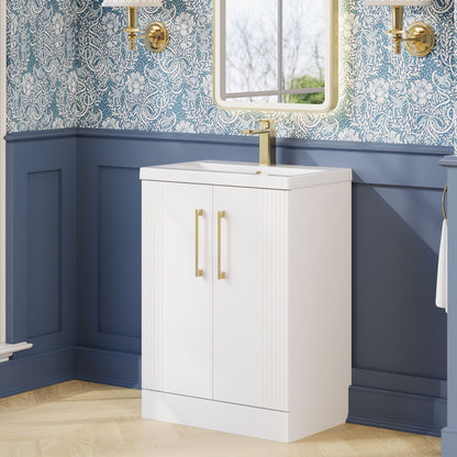 Nuie Deco 600mm Floor Standing 2-Door Vanity Unit with Basin With Chrome Handles