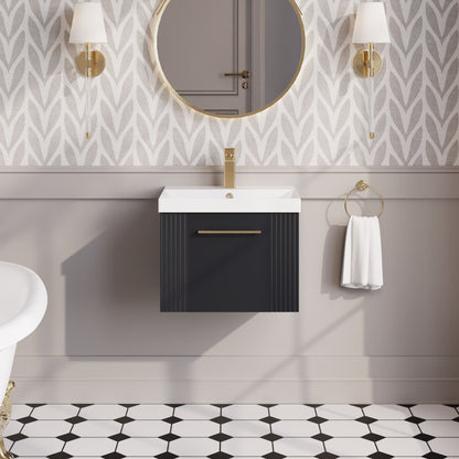 Nuie Deco 500mm Wall Hung Single Drawer Soft Black Vanity Unit with Basin and Chrome Handles