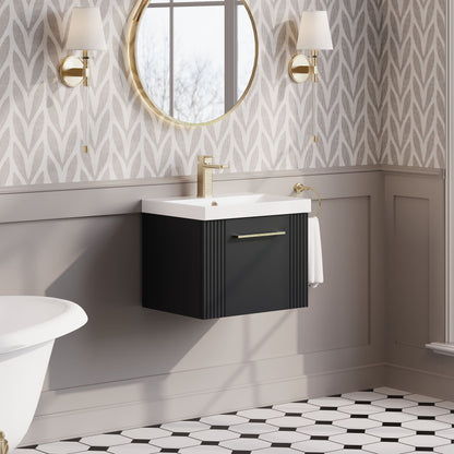 Nuie Deco 500mm Wall Hung Single Drawer Soft Black Vanity Unit with Basin and Chrome Handles