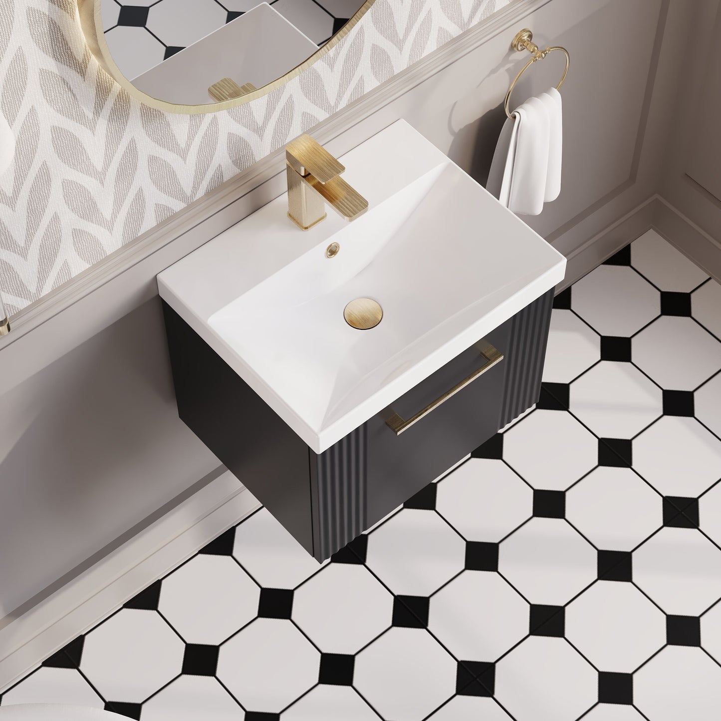 Nuie Deco 500mm Wall Hung Single Drawer Soft Black Vanity Unit with Basin and Chrome Handles