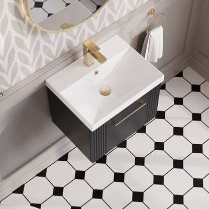 Nuie Deco 500mm Wall Hung Single Drawer Soft Black Vanity Unit with Basin and Chrome Handles