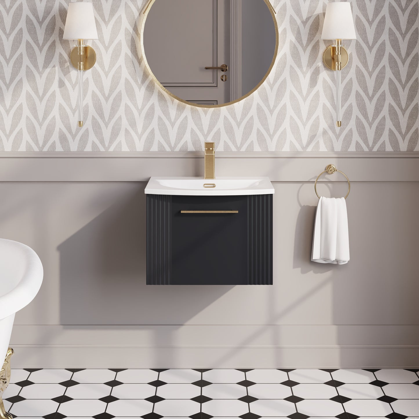 Nuie 500mm Art Deco Soft Black Wall Hung Vanity Unit with Basin with Chrome Handle