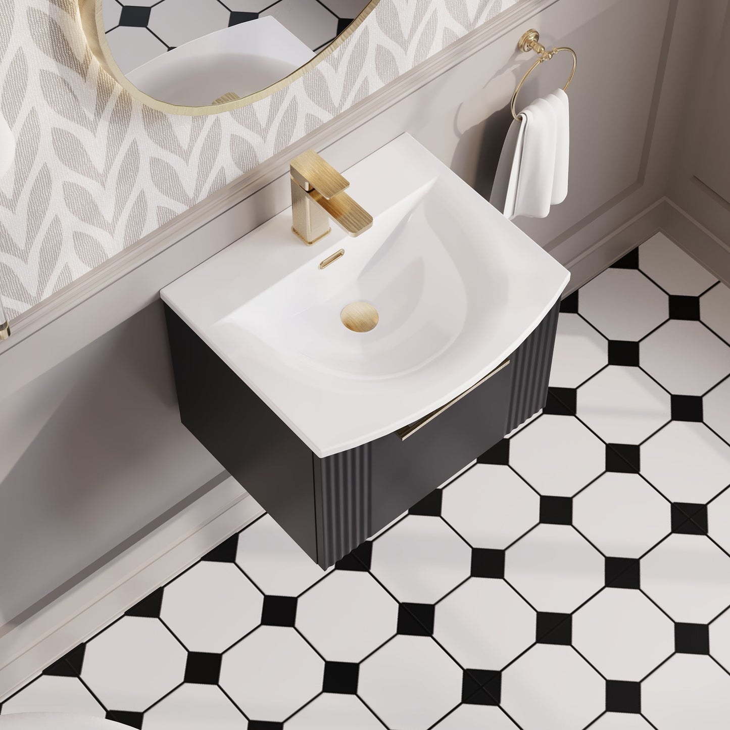 Nuie 500mm Art Deco Soft Black Wall Hung Vanity Unit with Basin with Chrome Handle