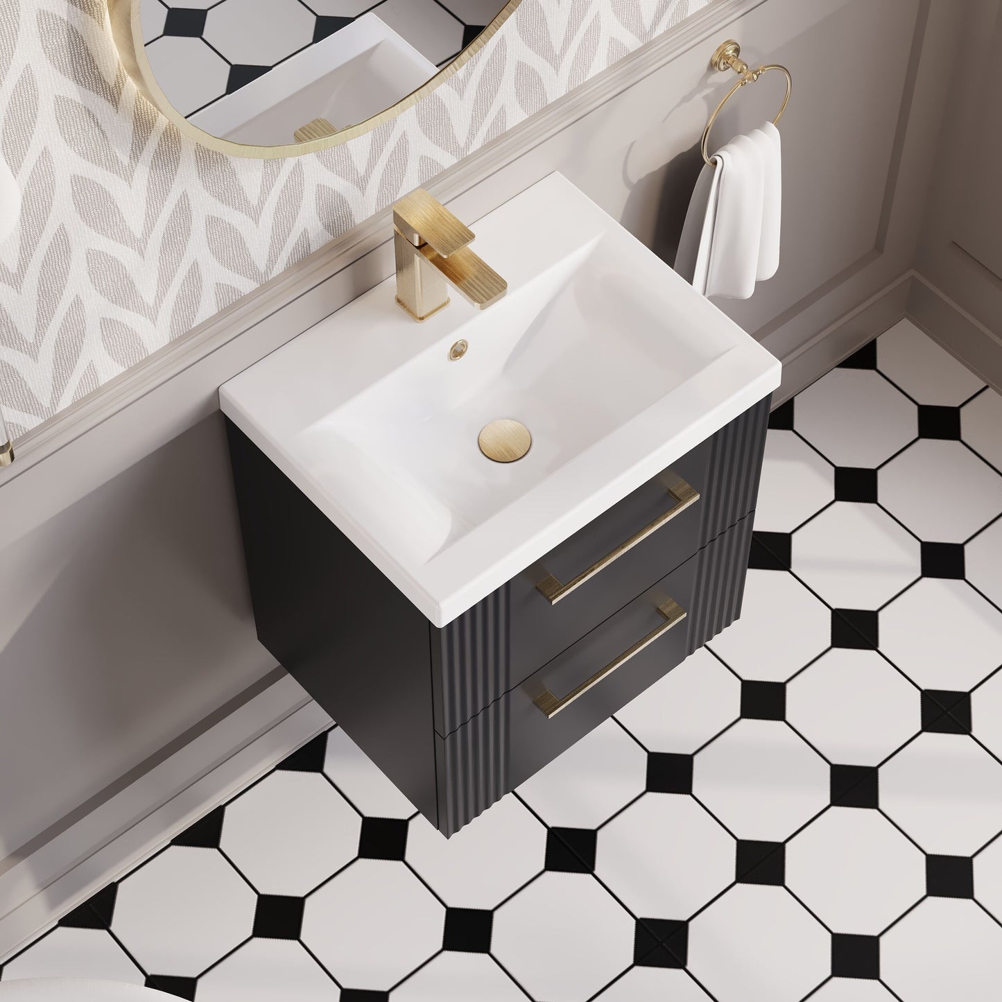 Nuie 500mm Soft Black Deco Wall Hung 2-Drawer Vanity Unit & Basin With Chrome Handles