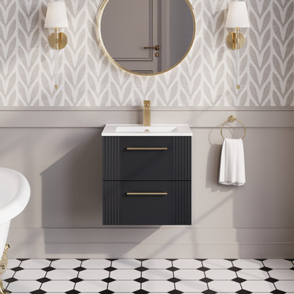 Nuie Deco 500mm Soft Black Wall Hung 2-Drawer Vanity Unit with Basin & Chrome Handles