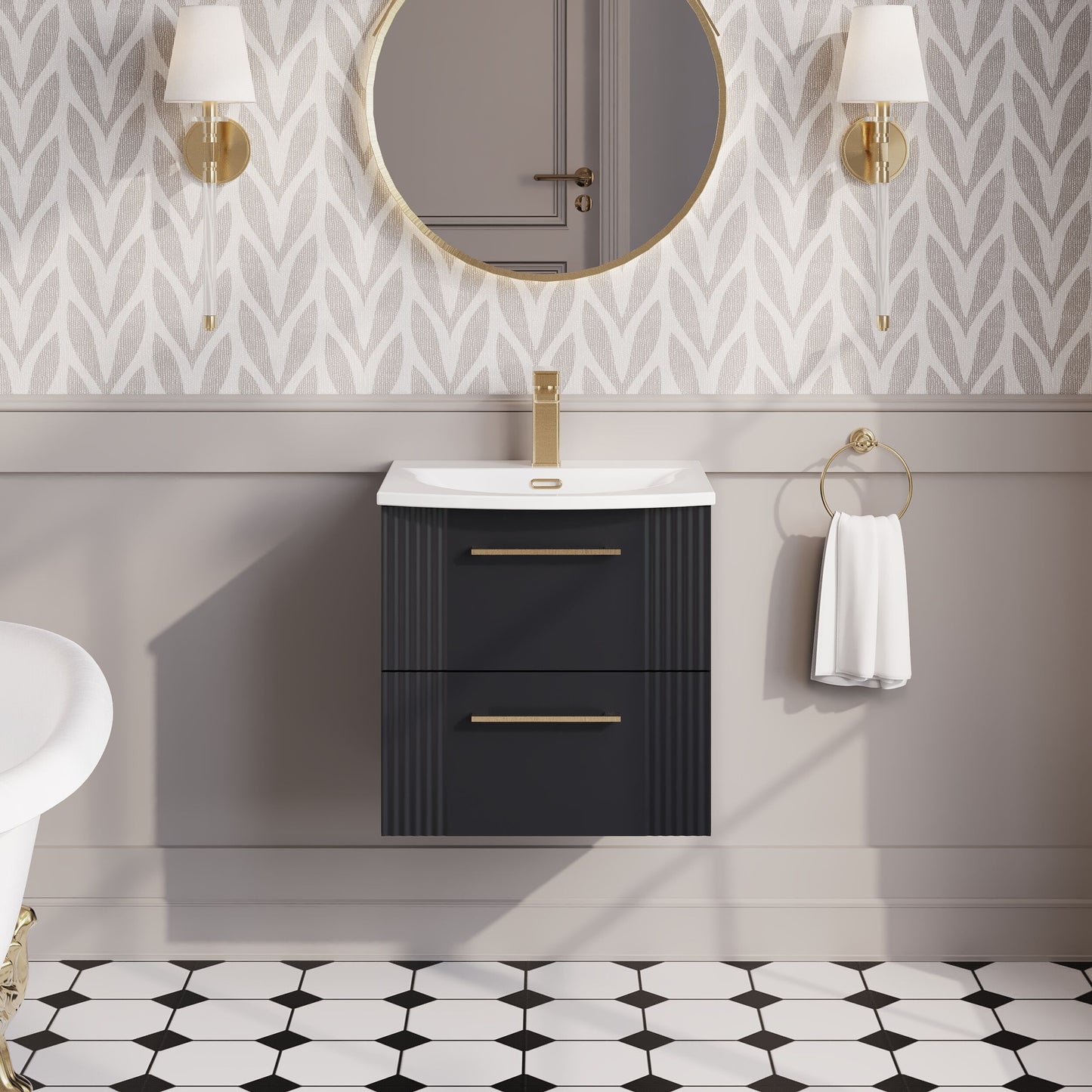 Nuie 500mm Soft Black Art Deco Wall Hung 2-Drawer Vanity Unit with Curved Basin With Chrome Handles
