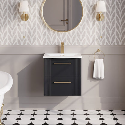 Nuie 500mm Soft Black Art Deco Wall Hung 2-Drawer Vanity Unit with Curved Basin With Chrome Handles