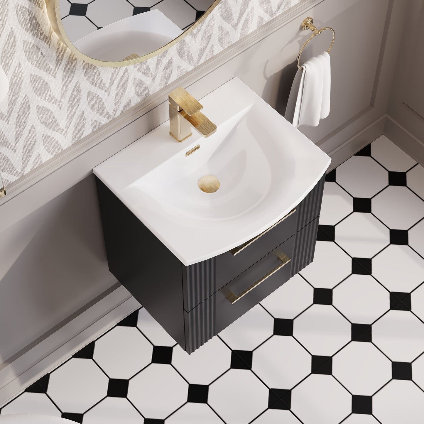 Nuie 500mm Soft Black Art Deco Wall Hung 2-Drawer Vanity Unit with Curved Basin With Chrome Handles