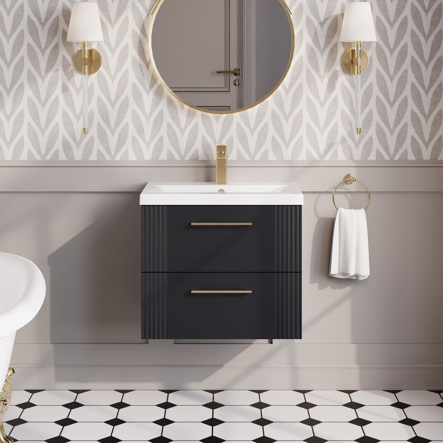 Nuie Deco 600mm Soft Black Wall Hung 2-Drawer Vanity & Basin With Chrome Handles