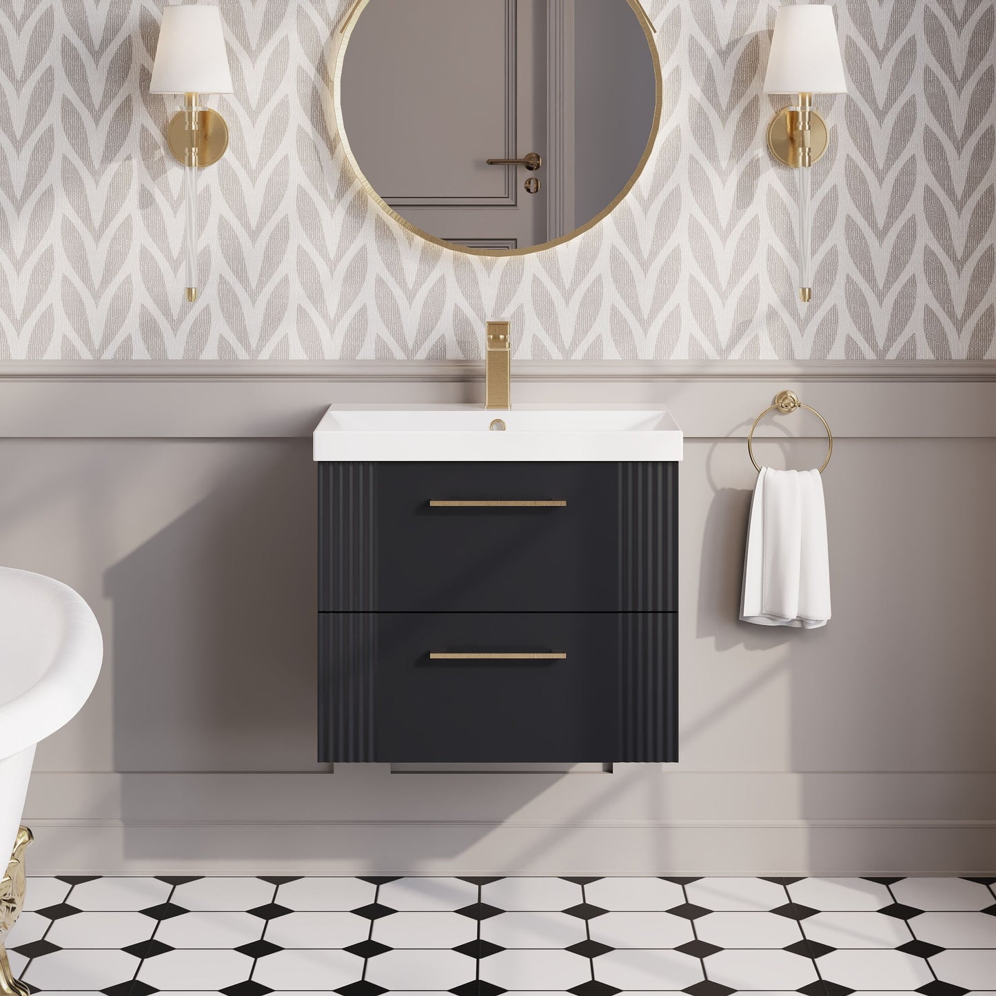 Nuie Deco 600mm Soft Black Wall Hung 2-Drawer Vanity Unit With Thin-Edge Basin