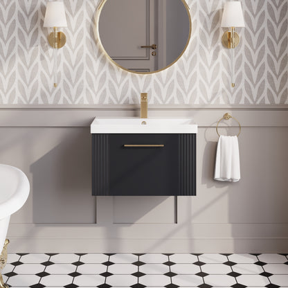 Nuie Deco 600mm Soft Black Wall Hung Single Drawer Vanity Unit with Basin & Chrome Handles