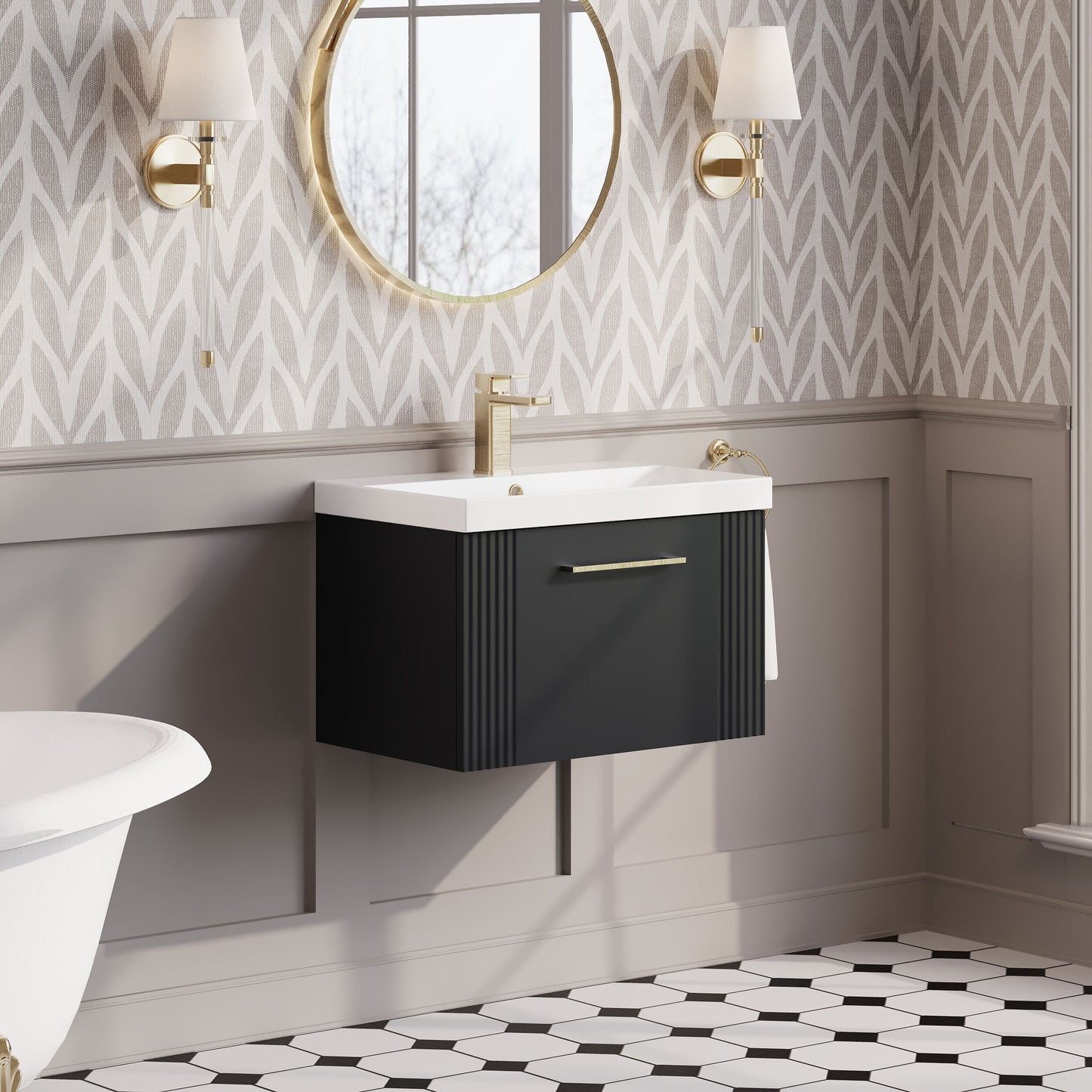 Nuie Deco 600mm Soft Black Wall Hung Single Drawer Vanity Unit with Basin & Chrome Handles