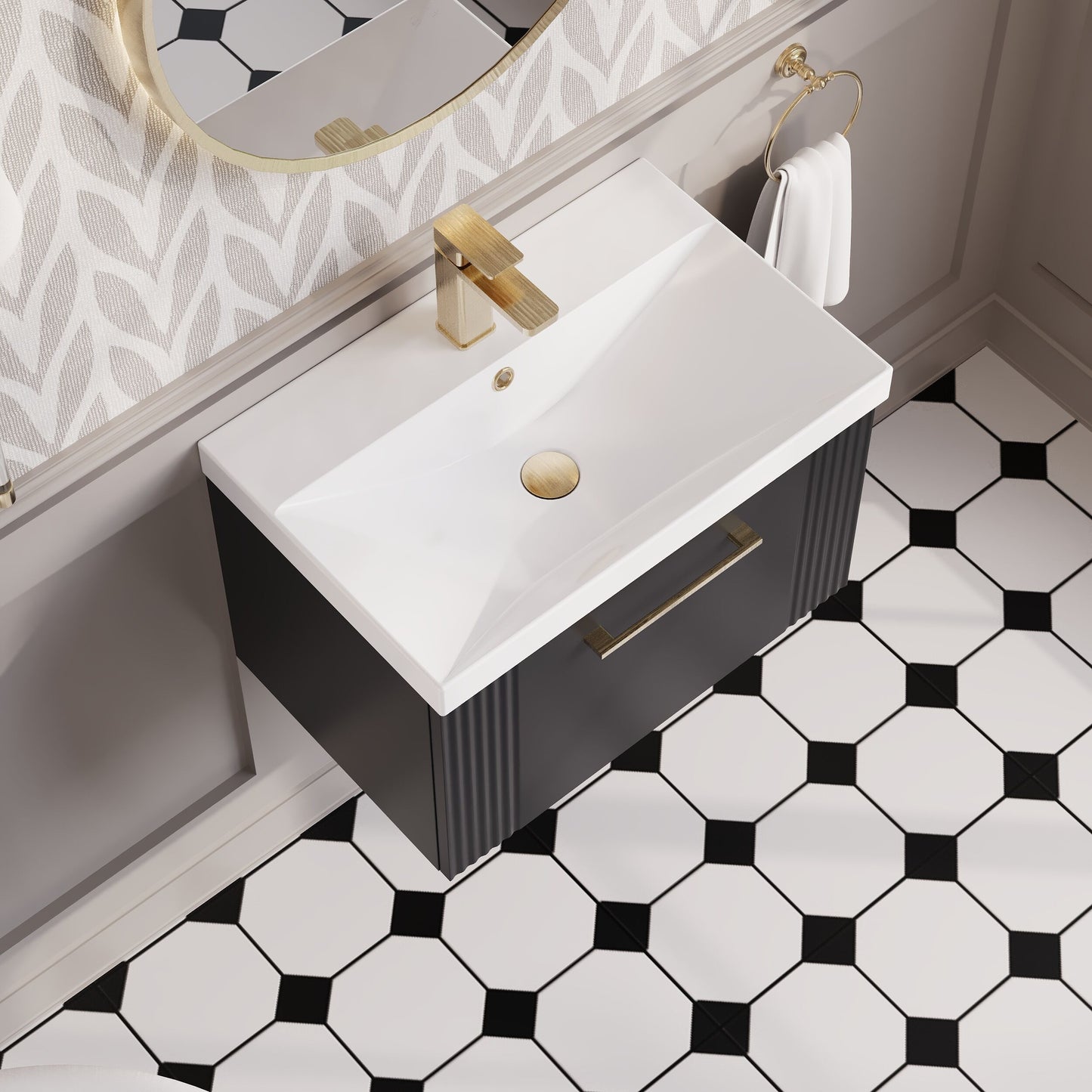 Nuie Deco 600mm Soft Black Wall Hung Single Drawer Vanity Unit with Basin & Chrome Handles