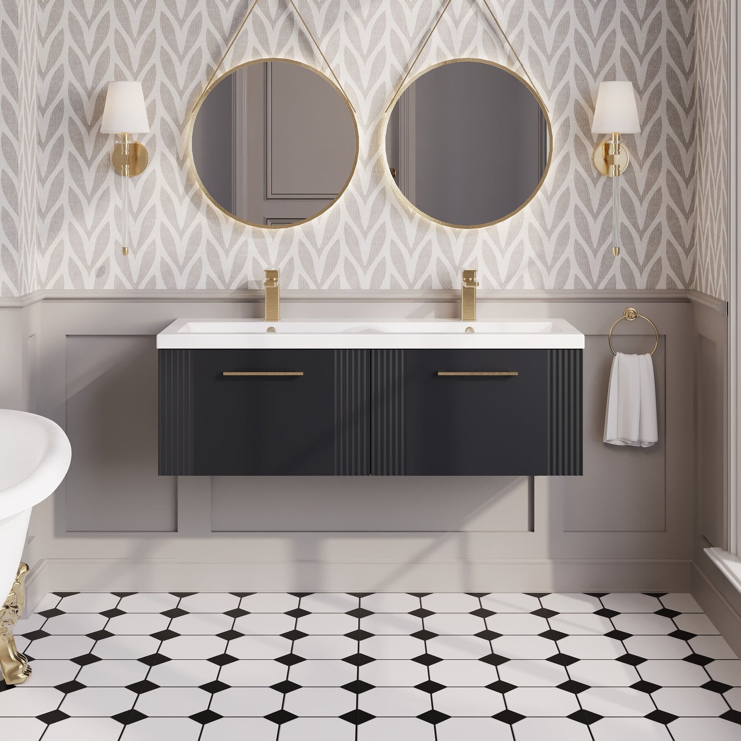 Nuie Deco 1200mm Part Fluted Wall Hung 2-Drawer Vanity & Double Basin With Chrome Handles