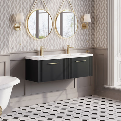 Nuie Deco 1200mm Part Fluted Wall Hung 2-Drawer Vanity & Double Basin With Chrome Handles