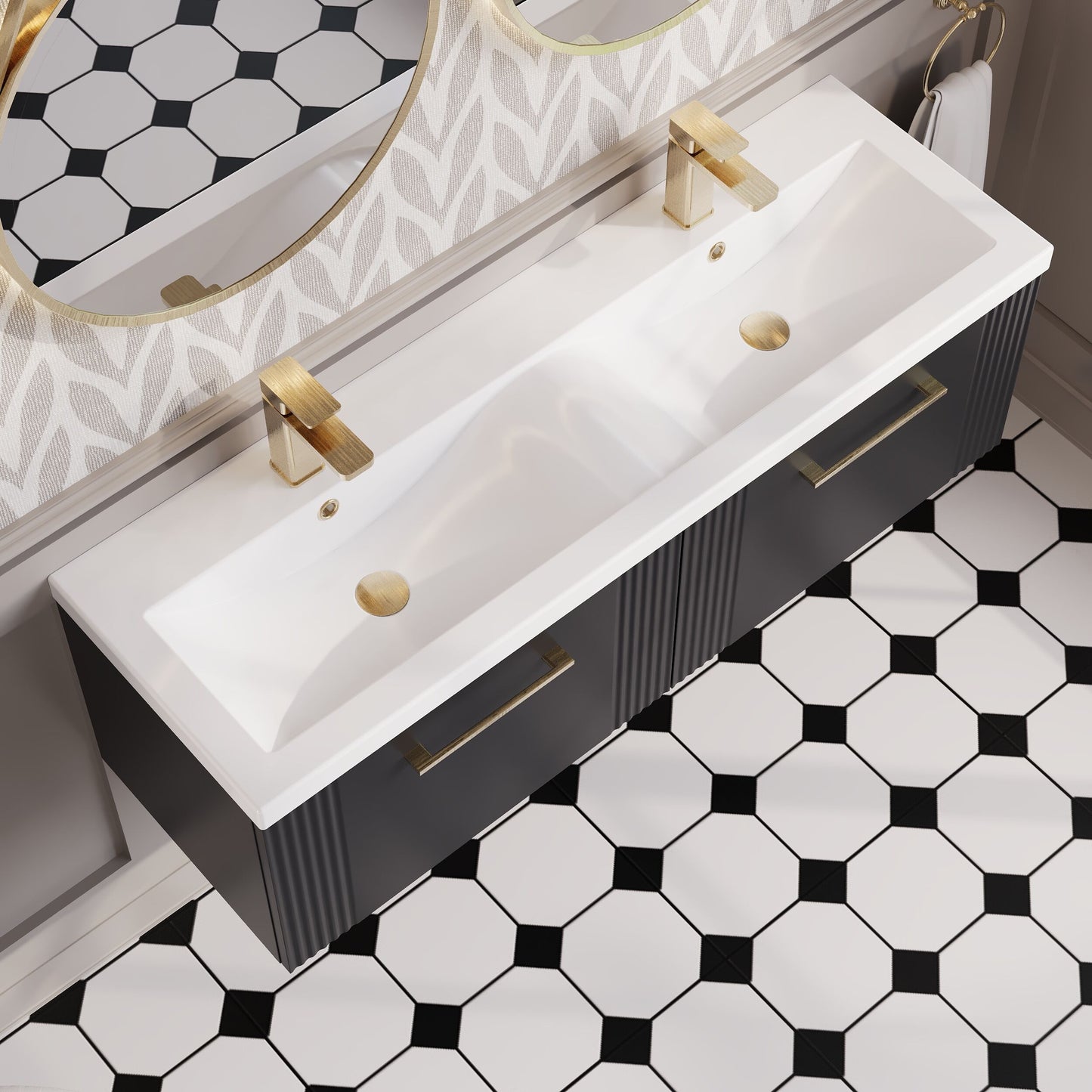 Nuie Deco 1200mm Part Fluted Wall Hung 2-Drawer Vanity & Double Basin With Chrome Handles