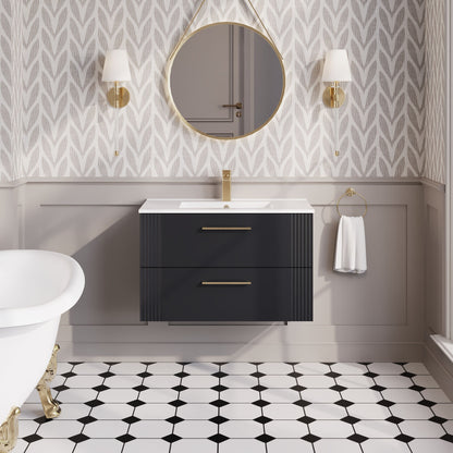 Nuie 800mm Soft Black Fluted Wall Hung 2-Drawer Vanity Unit with White Ceramic Basin With Chrome Handles