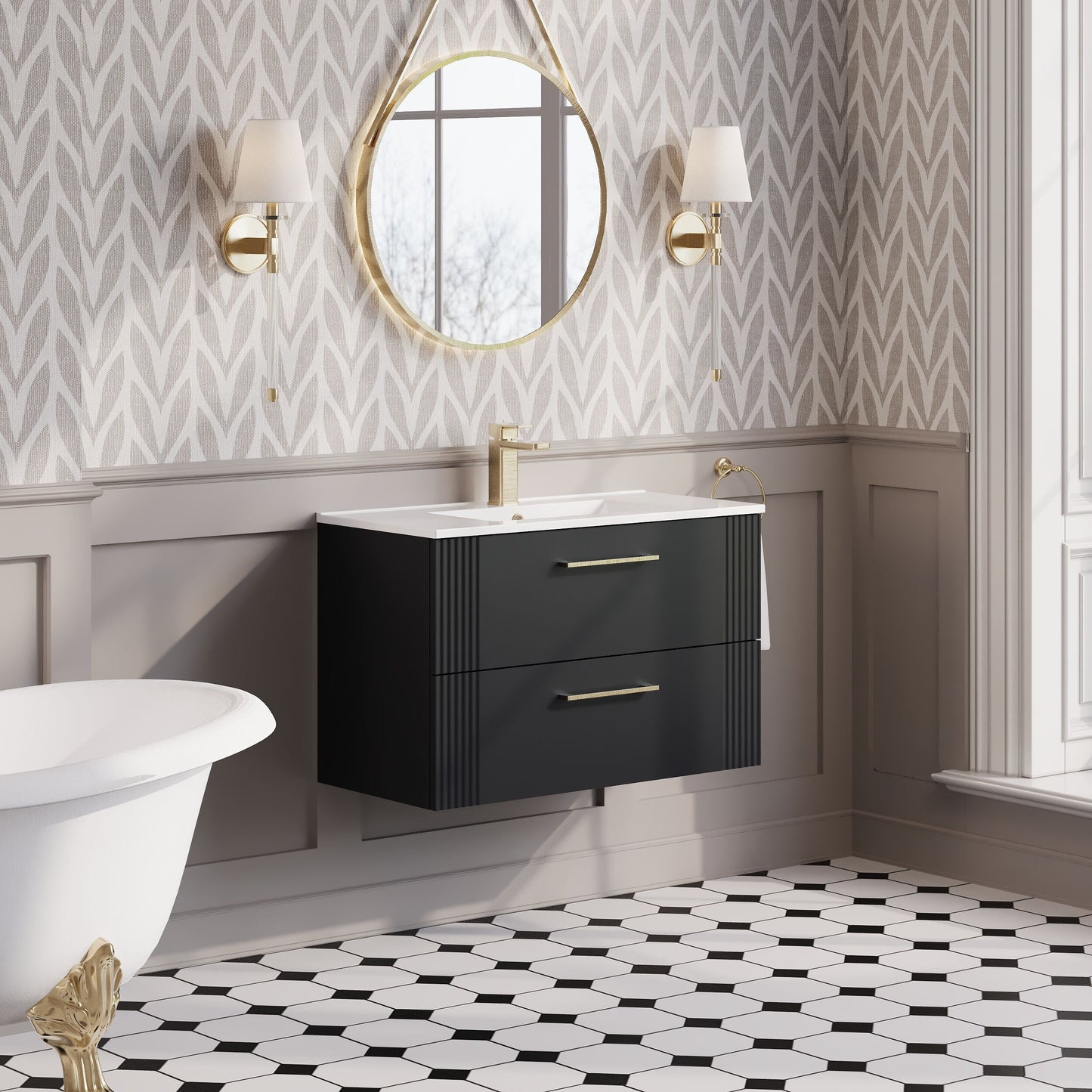 Nuie 800mm Soft Black Fluted Wall Hung 2-Drawer Vanity Unit with White Ceramic Basin With Chrome Handles