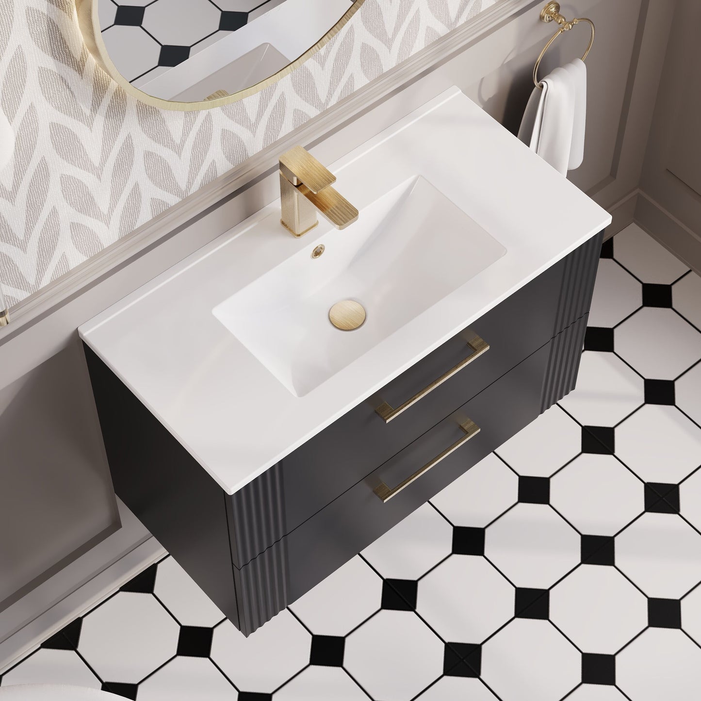 Nuie 800mm Soft Black Fluted Wall Hung 2-Drawer Vanity Unit with White Ceramic Basin With Chrome Handles