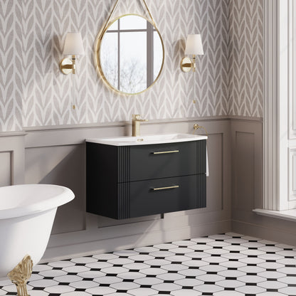 Nuie 800mm Soft Black Part Fluted Wall Hung 2-Drawer Vanity Unit & Curved Basin With Chrome Handles