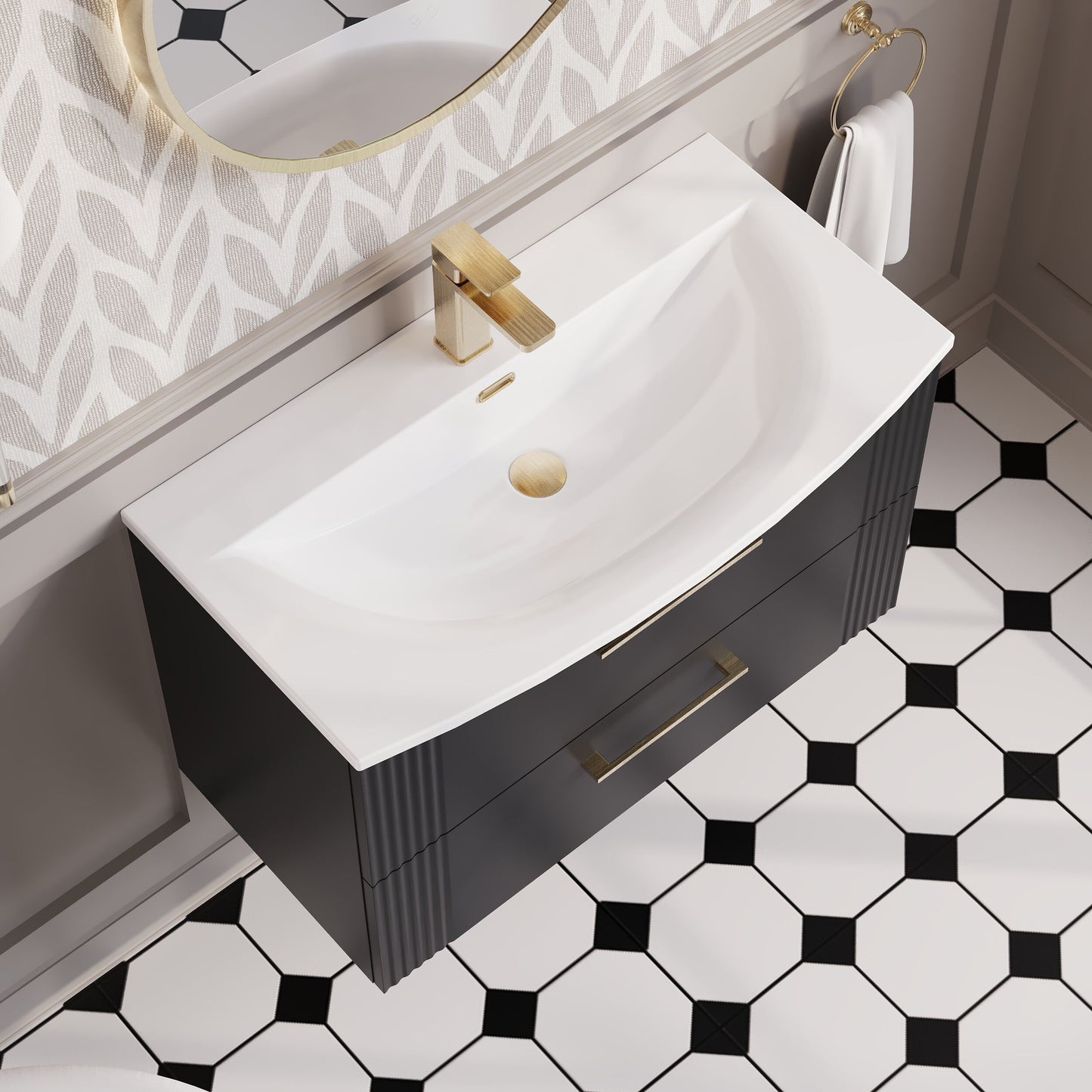 Nuie 800mm Soft Black Part Fluted Wall Hung 2-Drawer Vanity Unit & Curved Basin With Chrome Handles