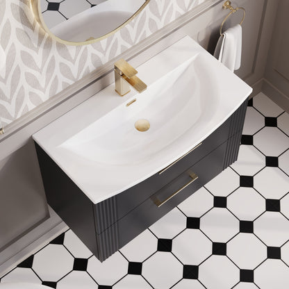 Nuie 800mm Soft Black Part Fluted Wall Hung 2-Drawer Vanity Unit & Curved Basin With Chrome Handles