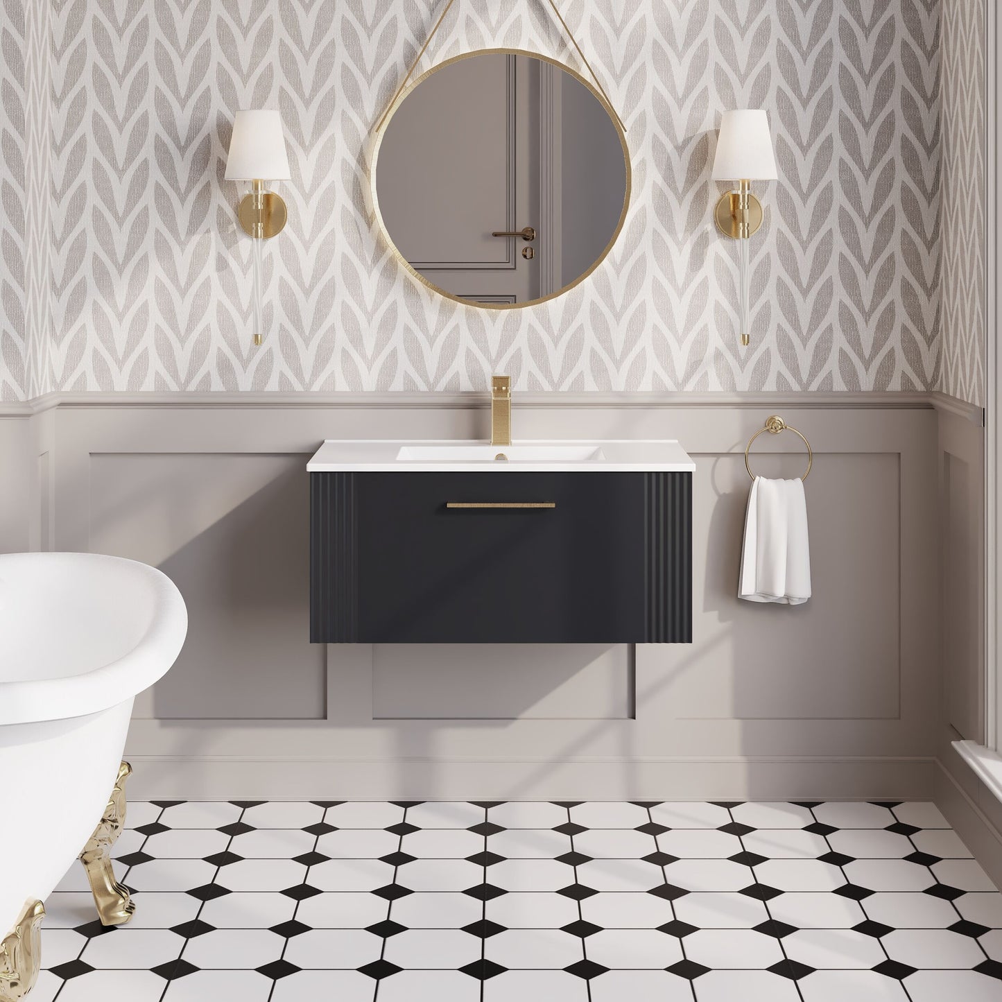 Nuie 805mm Soft Black Art Deco Wall Hung Single Drawer Vanity Unit With White Ceramic Basin