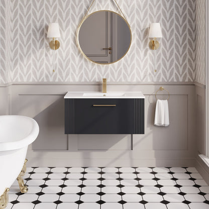 Nuie 805mm Soft Black Art Deco Wall Hung Single Drawer Vanity Unit With White Ceramic Basin