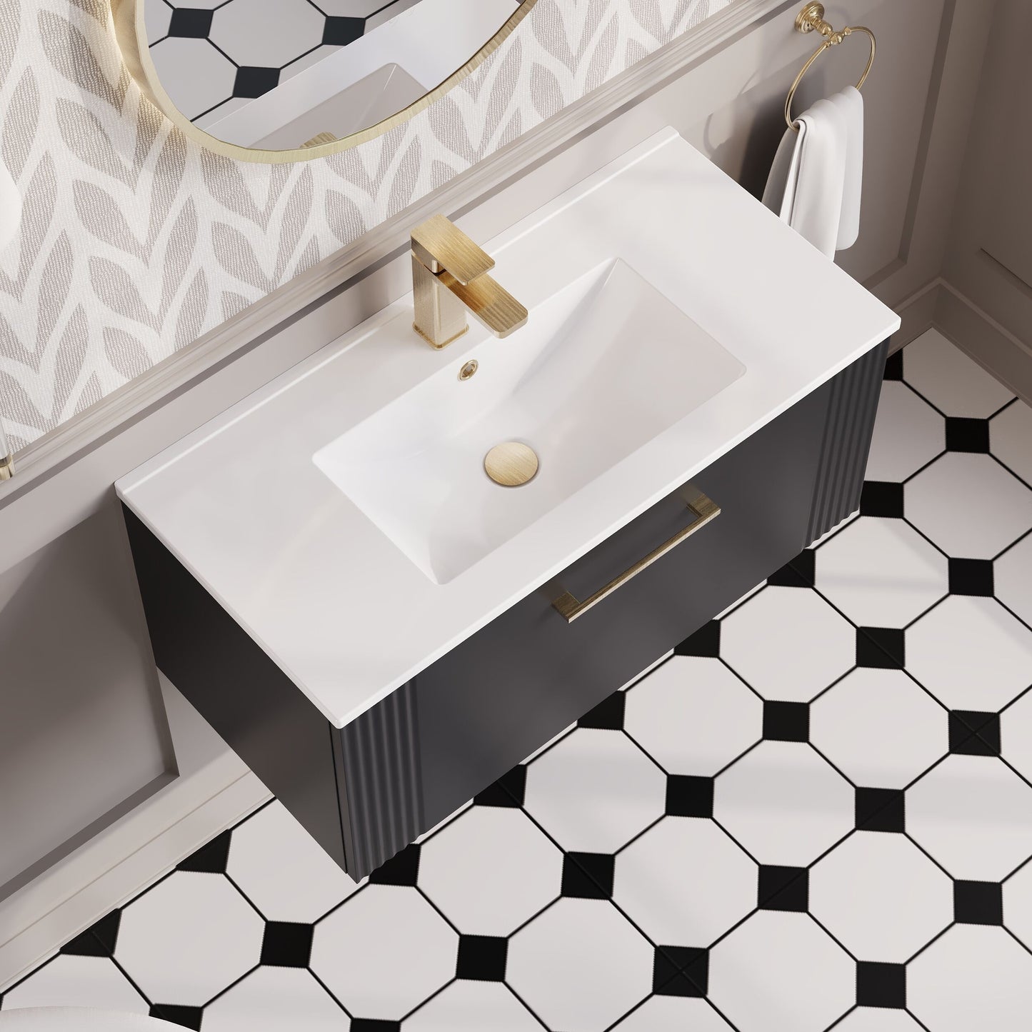 Nuie 805mm Soft Black Art Deco Wall Hung Single Drawer Vanity Unit With White Ceramic Basin