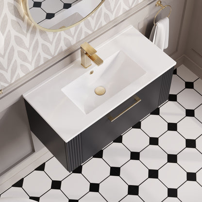 Nuie 805mm Soft Black Art Deco Wall Hung Single Drawer Vanity Unit With White Ceramic Basin