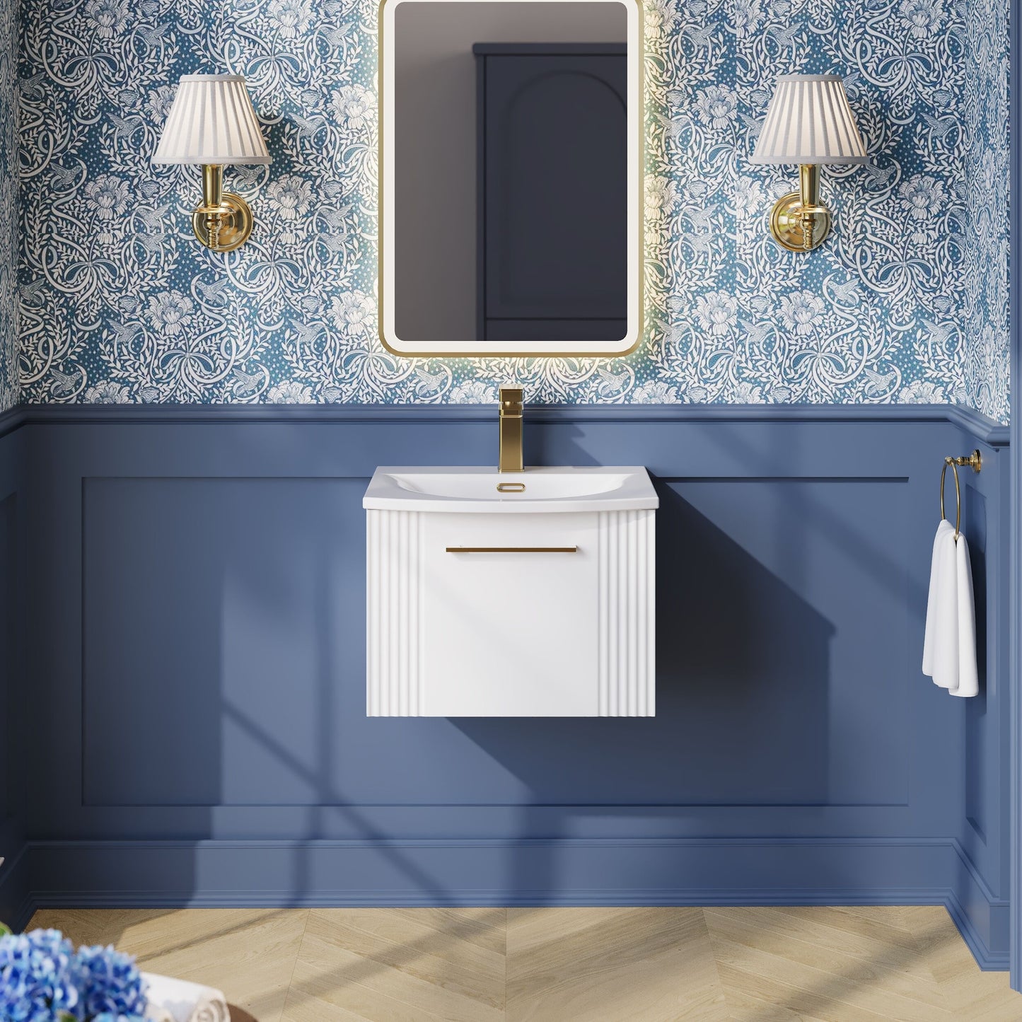 Nuie 500mm Satin White Wall Hung Vanity Unit with Basin and Chrome Handles