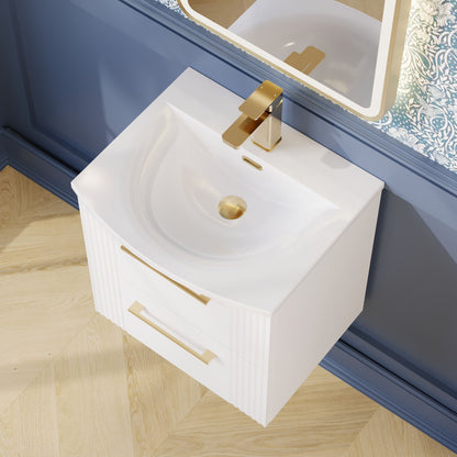 Nuie Deco 510mm Satin White Wall Hung 2-Drawer Vanity Unit with Curved Basin & Chrome Handles
