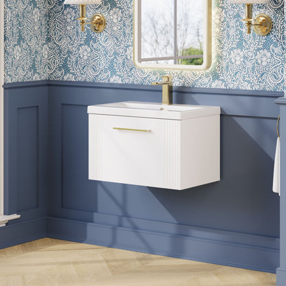 Nuie Deco 600mm Wall Hung Single Drawer Vanity Unit & Ceramic Basin With Chrome Handles