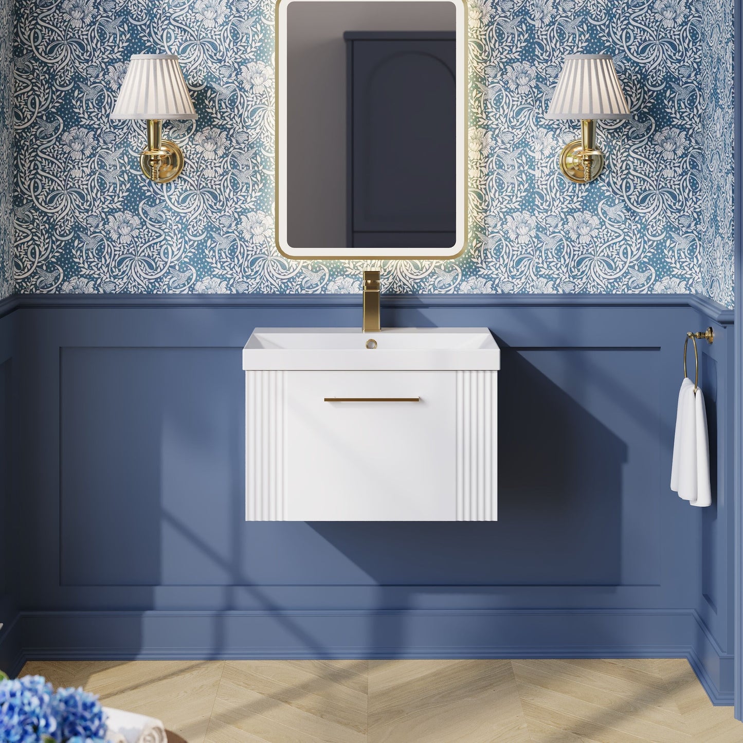 Nuie 600mm Part Fluted Satin White Wall Hung Single Drawer Vanity & Thin-Edge Basin With Chrome Handle
