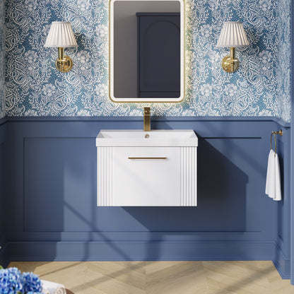 Nuie 600mm Part Fluted Satin White Wall Hung Single Drawer Vanity & Thin-Edge Basin With Chrome Handle