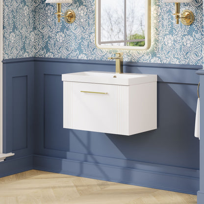 Nuie 600mm Part Fluted Satin White Wall Hung Single Drawer Vanity & Thin-Edge Basin With Chrome Handle
