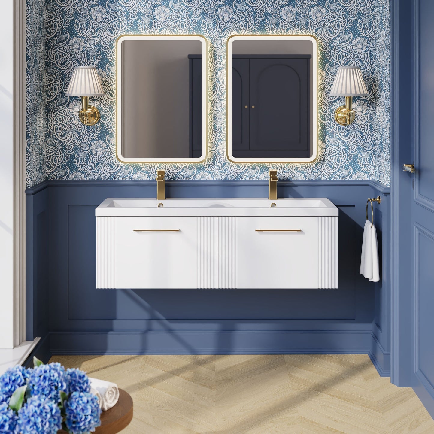 Nuie 1200mm Part Fluted Wall Hung 2-Drawer Vanity Unit & Double Basin With Chrome Handles