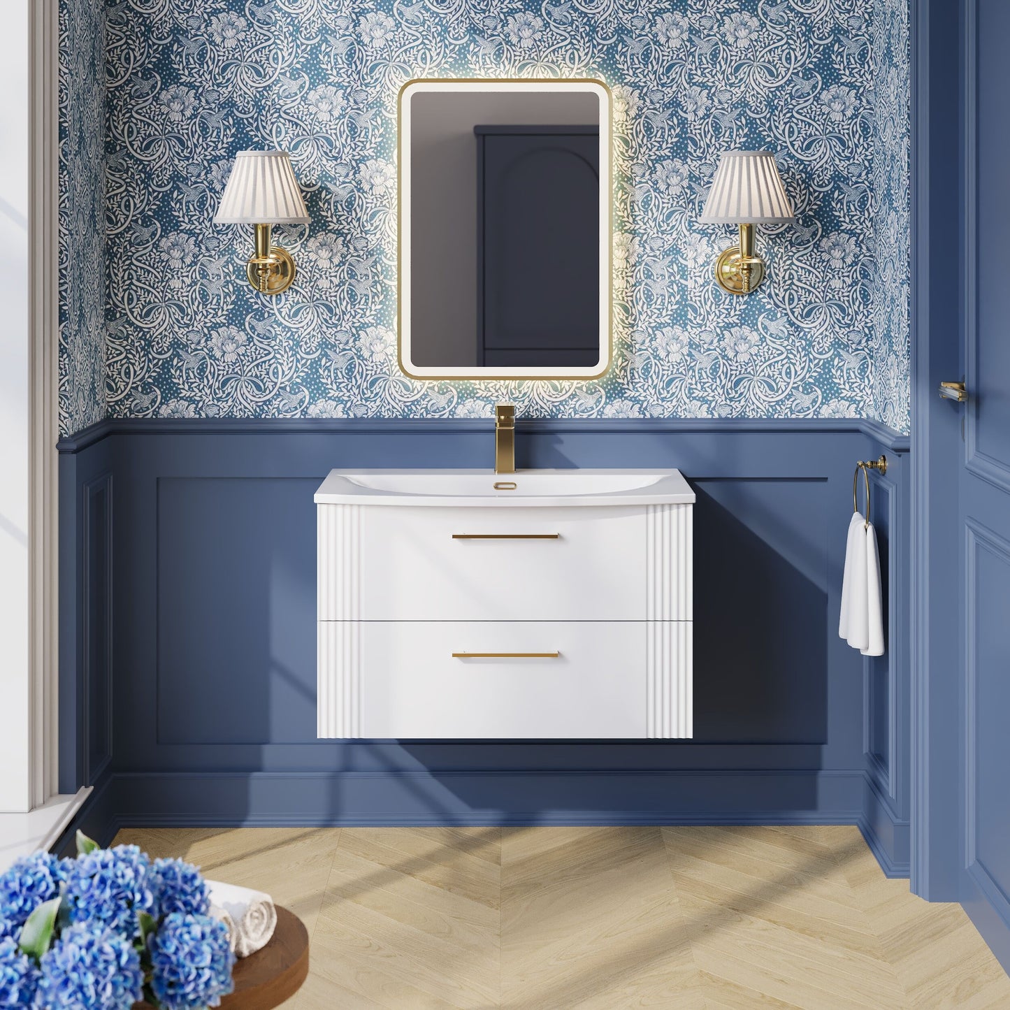 Nuie Deco 800mm Satin White Fluted Wall Hung 2-Drawer Vanity Unit with Curved Basin and Handles