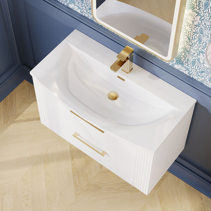 Nuie Deco 800mm Satin White Fluted Wall Hung 2-Drawer Vanity Unit with Curved Basin and Handles