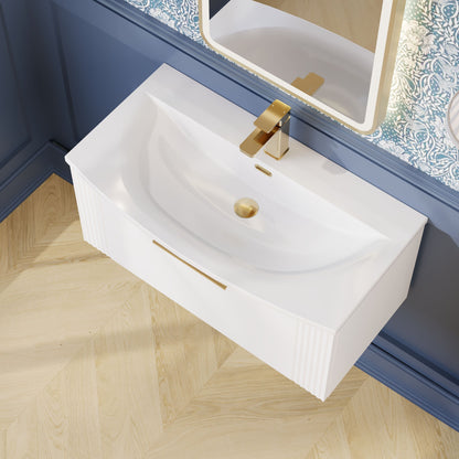 Nuie 800mm Satin White Wall Hung Single Drawer Vanity Unit With Curved Basin & Chrome Handles