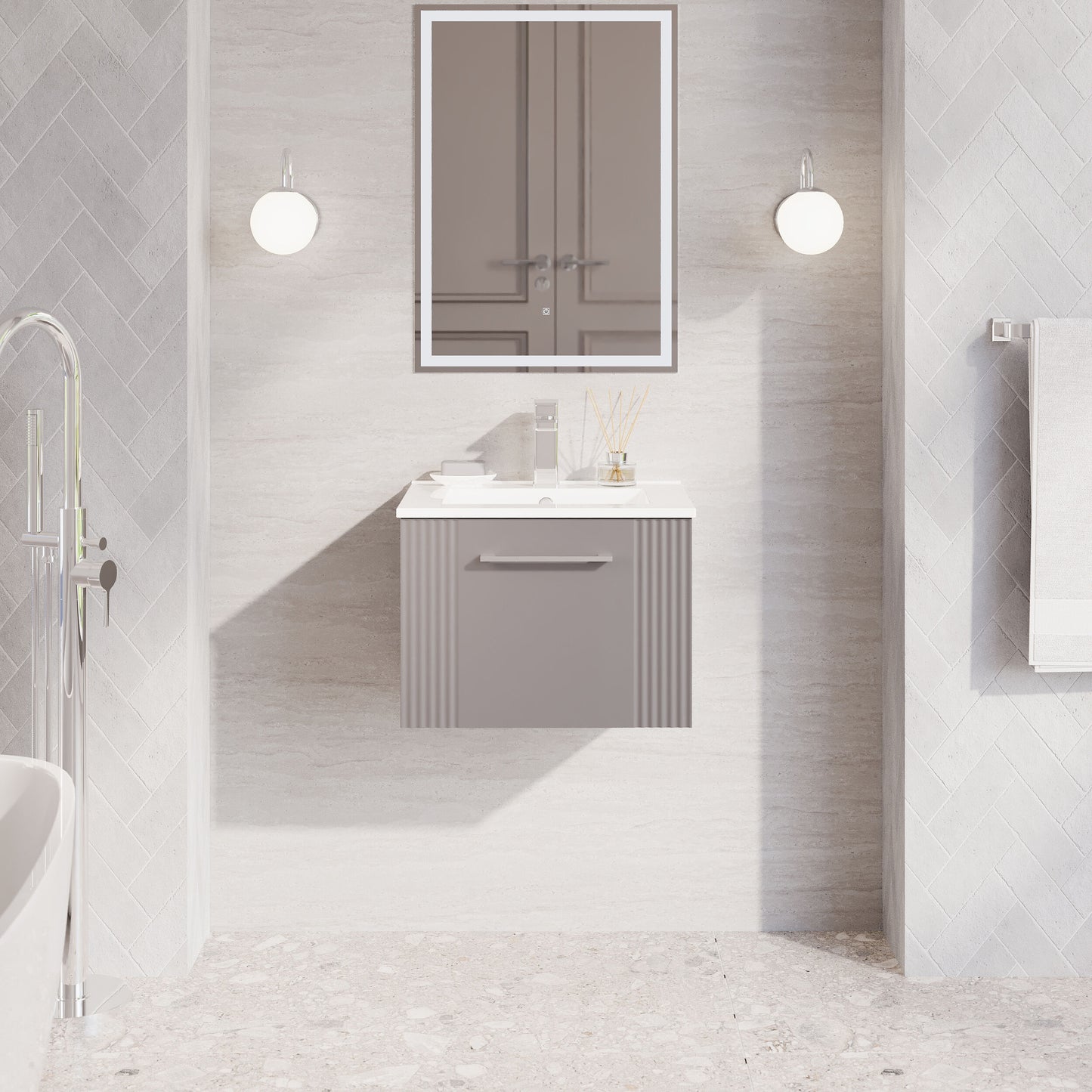 Nuie Deco 500mm Satin Grey Wall Hung Single Drawer Vanity Unit & Basin With Chrome Handle