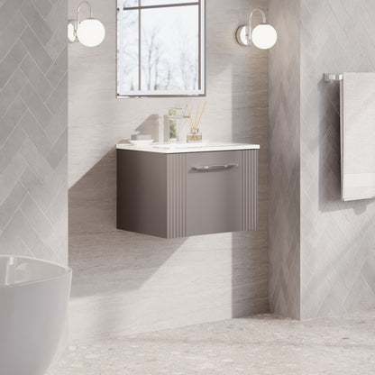 Nuie Deco 500mm Satin Grey Wall Hung Single Drawer Vanity Unit & Basin With Chrome Handle