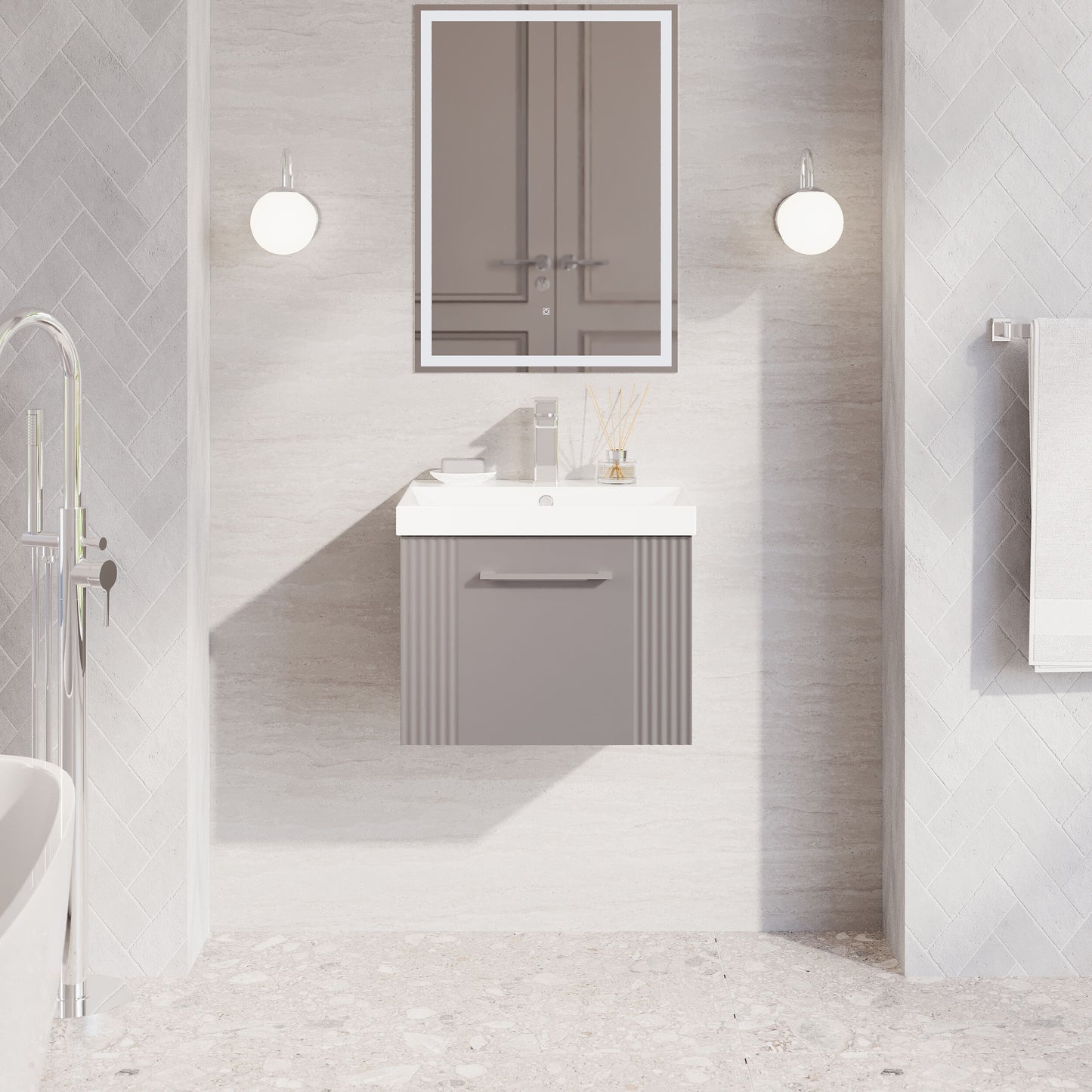 Nuie 500mm Deco Satin Grey Wall Hung Single Drawer Vanity Unit with Basin With Chrome Handle