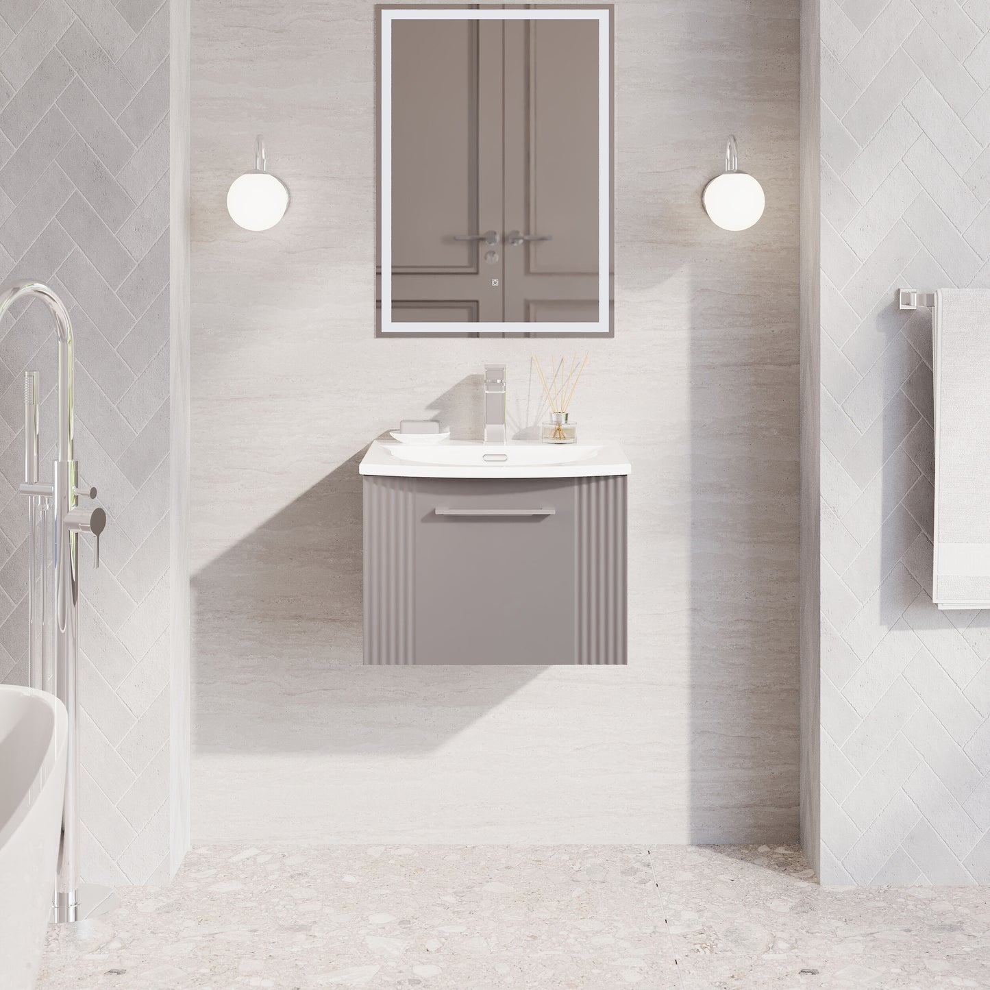 Nuie 500mm Satin Grey Part Fluted Wall Hung Single Drawer Vanity Unit & Basin with Chrome Handle