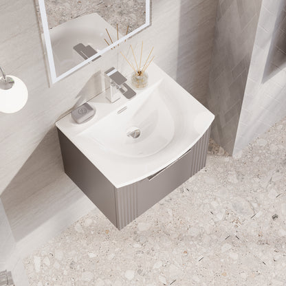 Nuie 500mm Satin Grey Part Fluted Wall Hung Single Drawer Vanity Unit & Basin with Chrome Handle