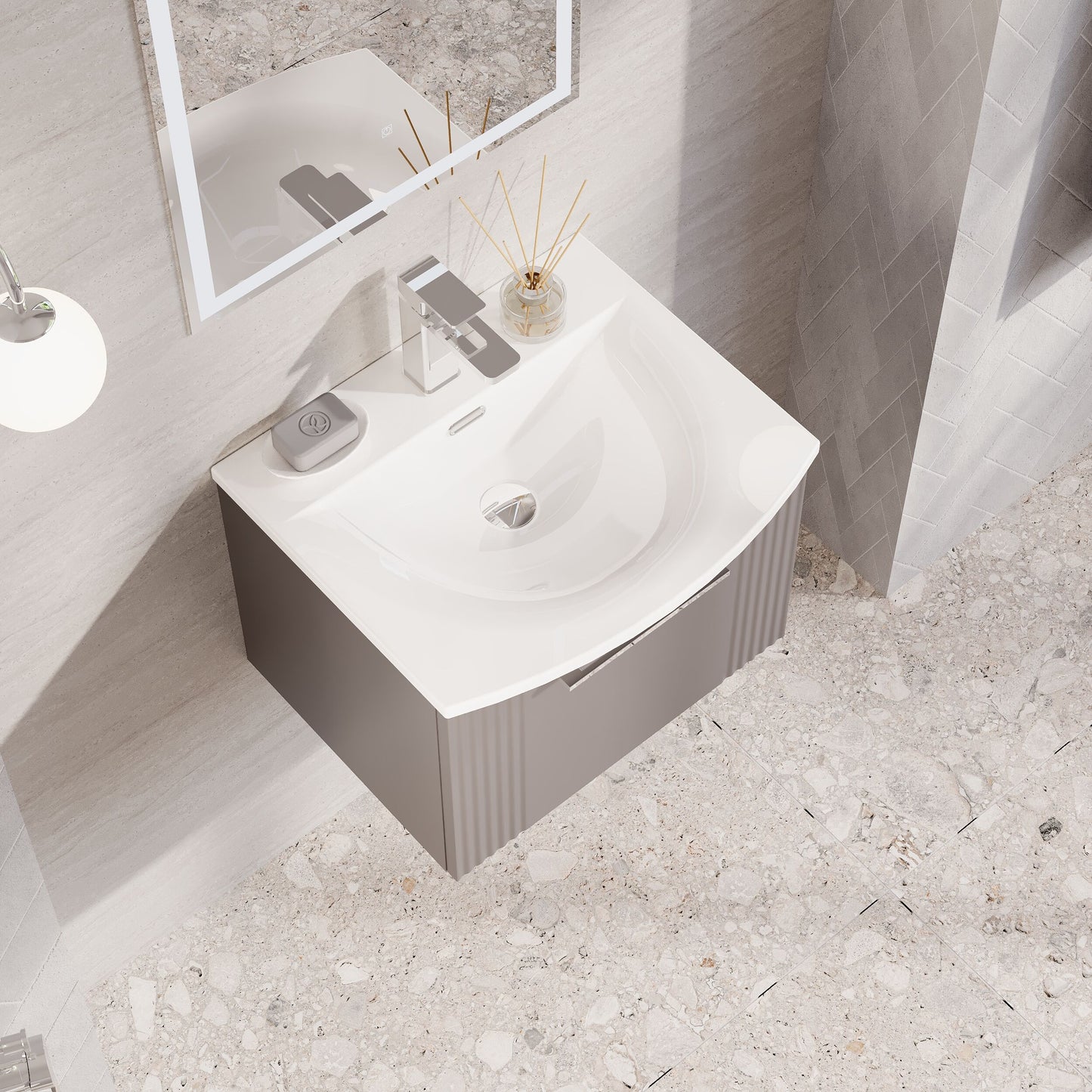 Nuie 500mm Satin Grey Part Fluted Wall Hung Single Drawer Vanity Unit & Basin with Chrome Handle