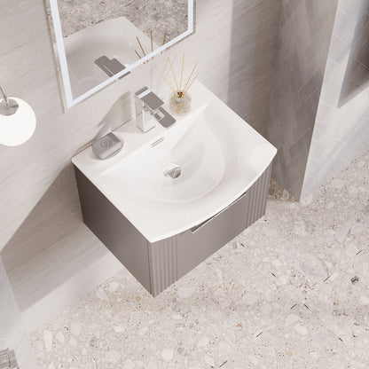 Nuie 500mm Satin Grey Part Fluted Wall Hung Single Drawer Vanity Unit & Basin with Chrome Handle